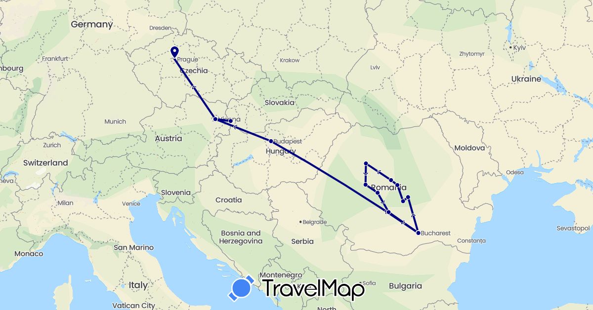 TravelMap itinerary: driving in Austria, Czech Republic, Hungary, Romania, Slovakia (Europe)